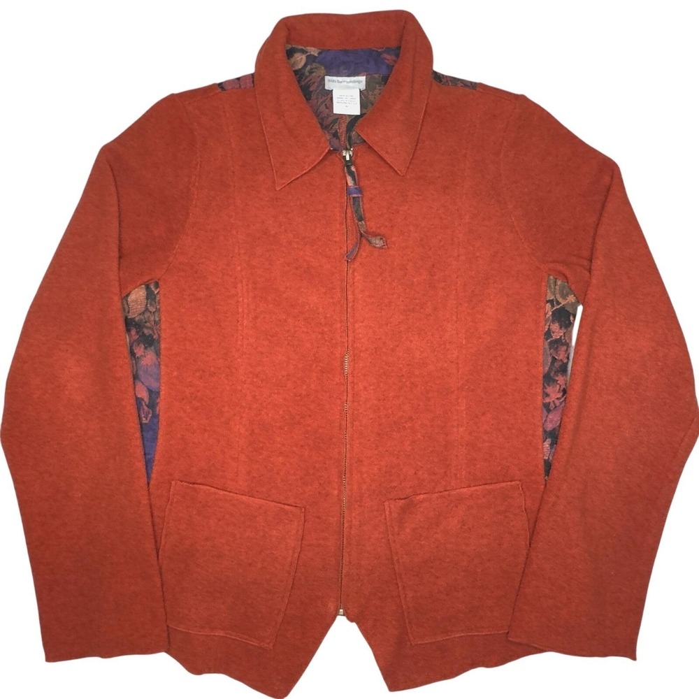 Soft Surroundings Fleece Jacket Womens Medium Rust Zip Floral Tapestry Back Boho